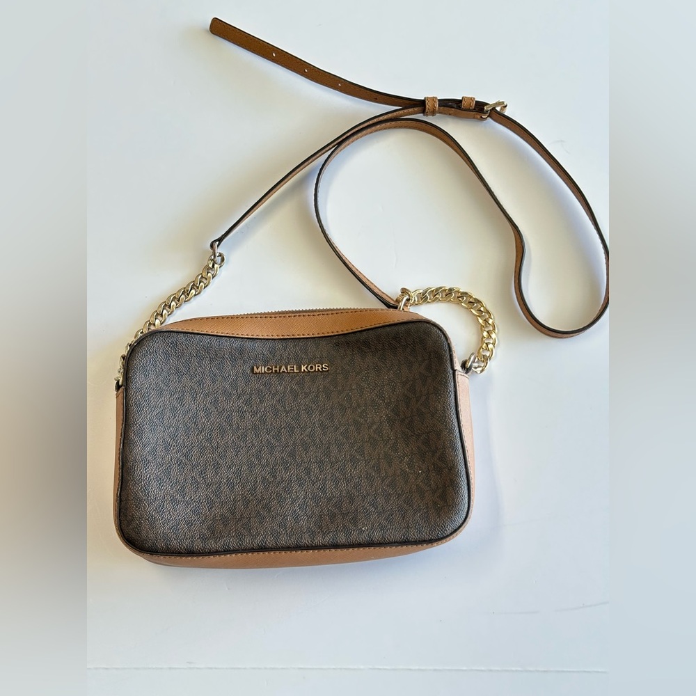 Michael Kors Jet Set Brown Logo Monogram Crossbody Bag Purse